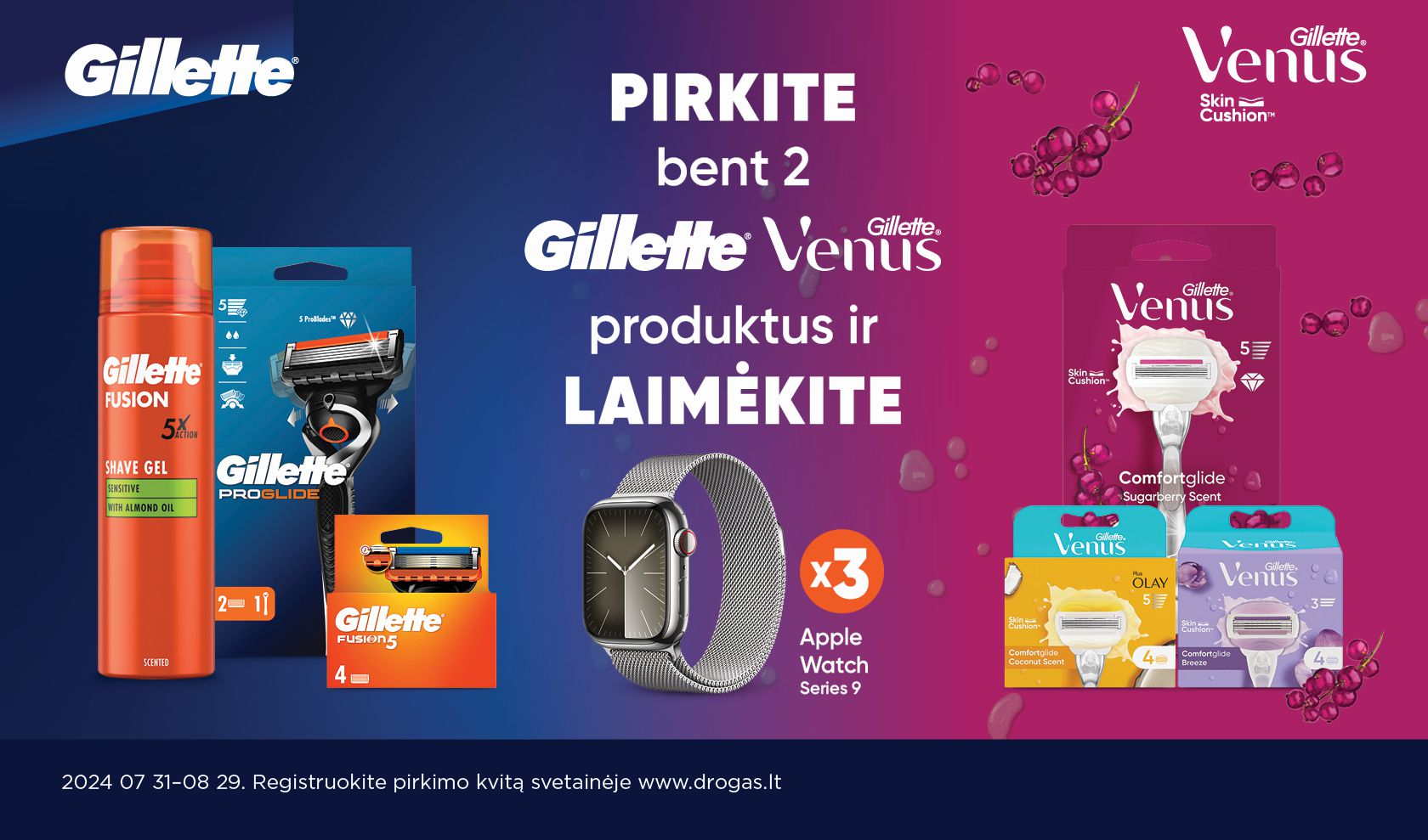 Pirkite 2 Gillette arba Venus ir laimėkite Apple Watch 9!